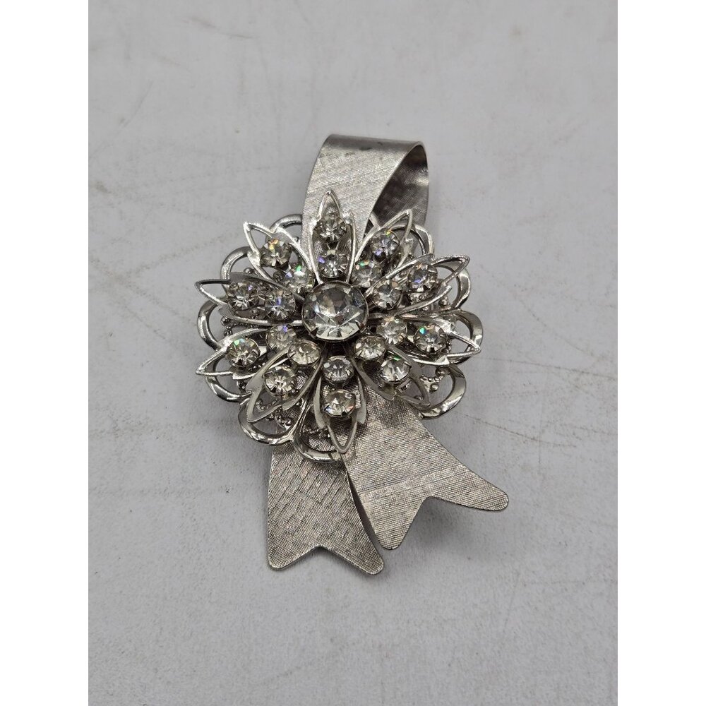 Vintage Rhinestone Ribbon Brooch Silver Tone Floral Bow Mid Century Costume Jewe